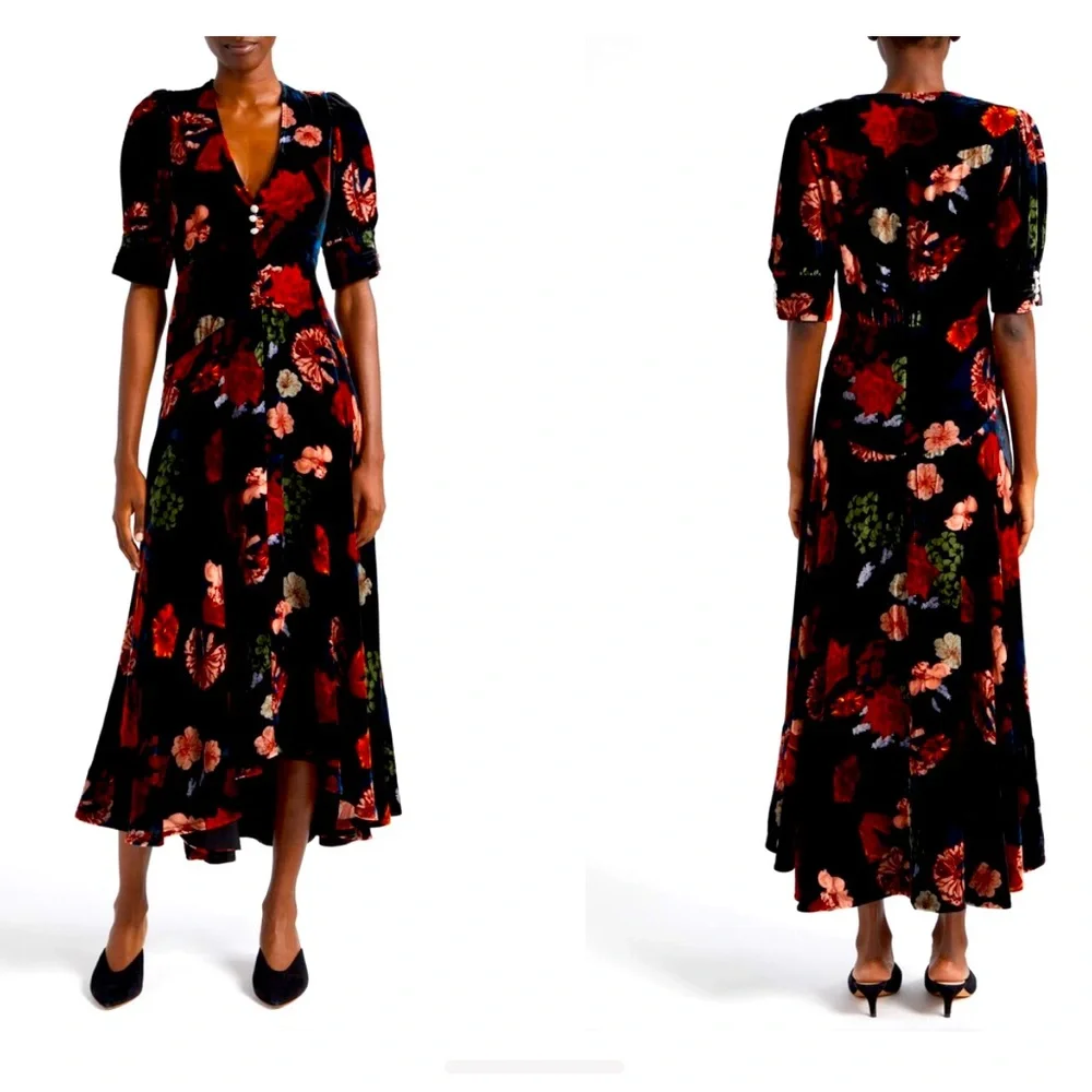 Cara Cara Kieran floral high low Stretch velvet dress women size XS/S NWOT